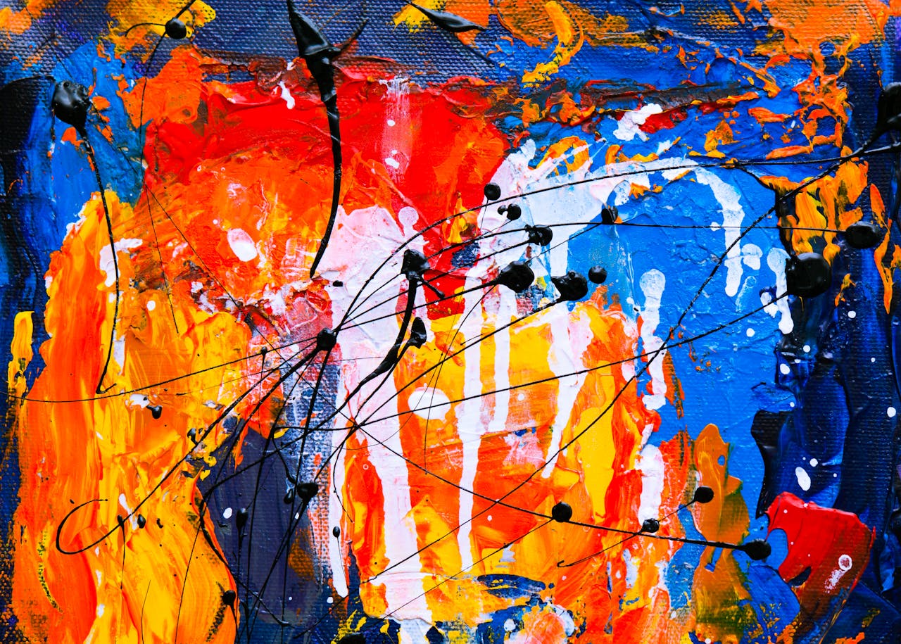 about-us Dynamic abstract painting with vibrant colors, showcasing flowing patterns and expressionist style.